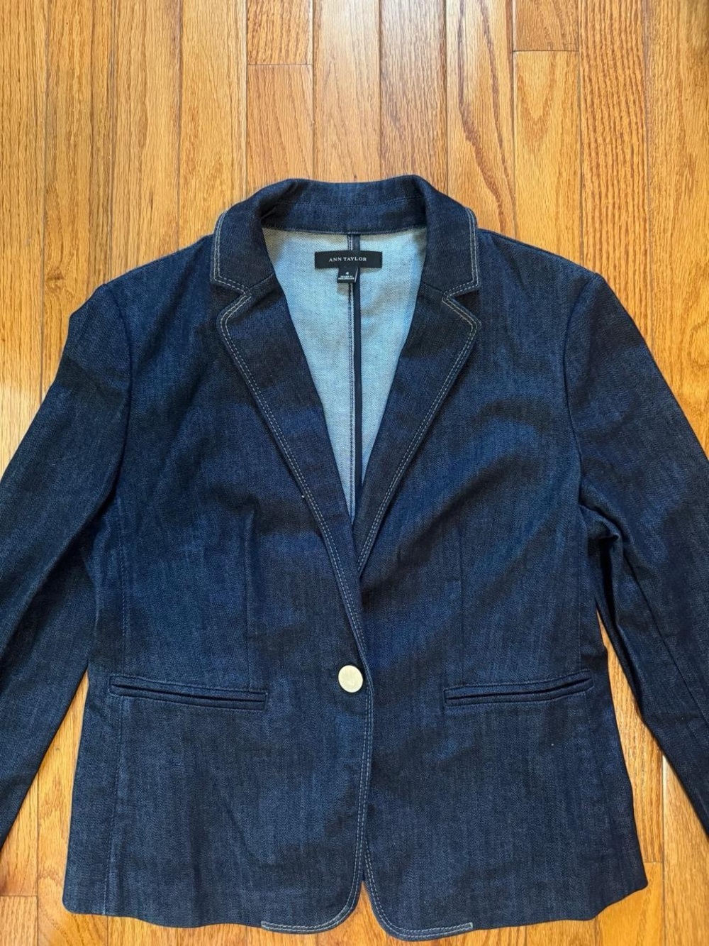 ann taylor navy blue denim blazer